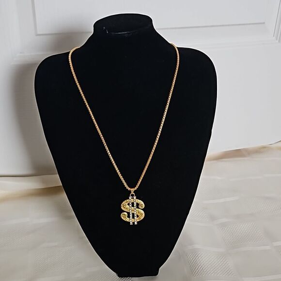 Men's Gold Plated Dollar Sign Pendant Chain 13" - Picture 12 of 16